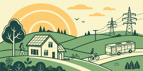 Obraz premium Sustainable Rural Living Illustration, Renewable Energy, Green Transportation and Eco-Friendly Community Concept