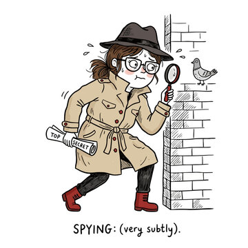 Cute cartoon investigator looking for clues with magnifying glass near brick wall.