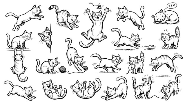 Playful cat character sketches in various active and sleeping poses.
