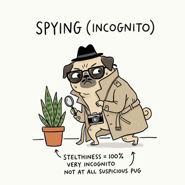 Funny pug dog dressed as detective looking at plant with magnifying glass.