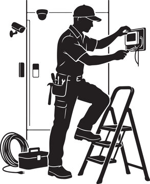 Electrician, worker installing smart home security system, technician on ladder with tools, black vector silhouette