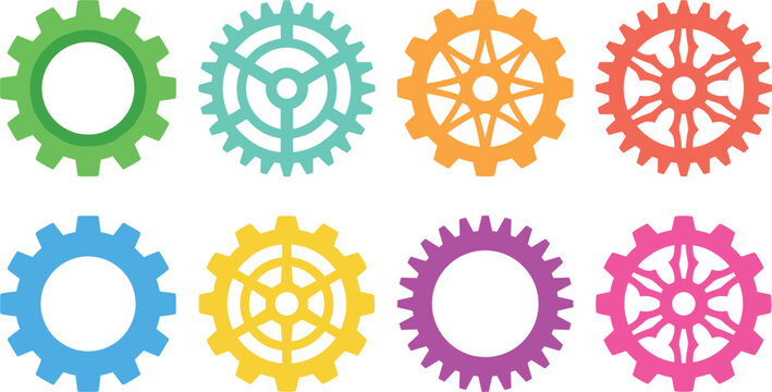 Colorful gear and cog wheel icon set for mechanical engineering and settings vector design