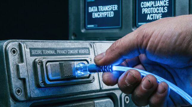 Privacy consent compliance digital data transfer encrypted secure terminal with hand connecting fiber optic cable to network port locks and gates