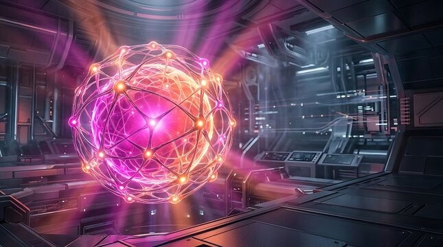 A futuristic laboratory scene with a glowing purple orb emitting vibrant lights and situated in a high-tech facility with metallic surfaces.