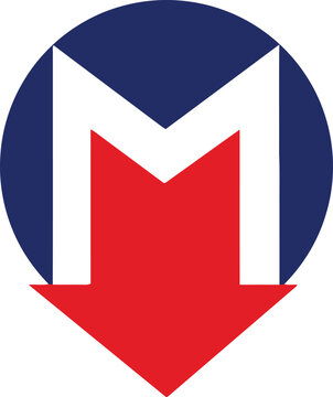 Abstract "m" letter symbol with blue circle and red arrow pointing down, representing direction or trend.