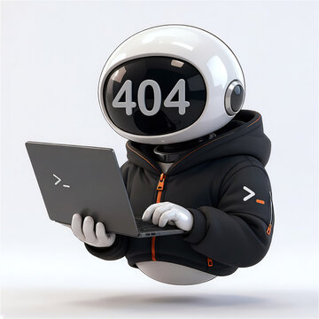 404エラーのロボット。Cute 3D robot character with 404 error code on screen, using a laptop, 404 page not found concept.
