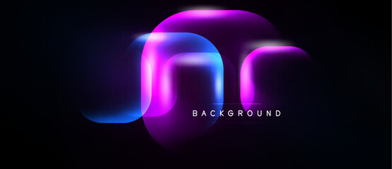 Abstract neon shapes overlap dark background. Vibrant pinks, blues create glowing effect. Modern design element for digital projects.