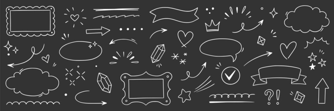 Line hand drawn arrow star set. Line arrow star hand drawn sketch pen marker brush stroke element icon..Heart check cloud bubble circle swirl cute cartoon decoration on chalkboard. Vector illustration