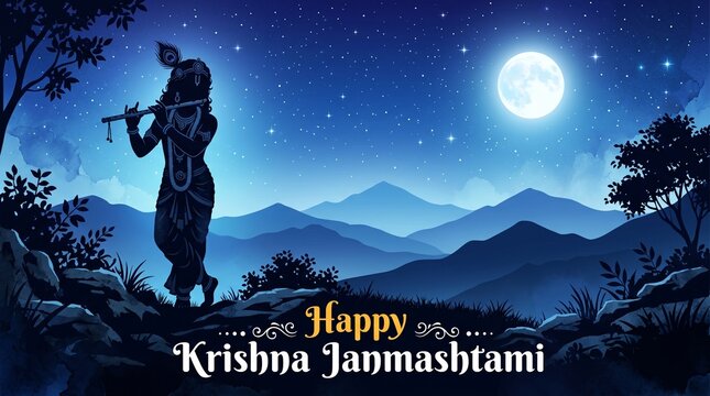 Lord Krishna playing bansuri, dahi handi celebration in Happy Janmashtami festival of India