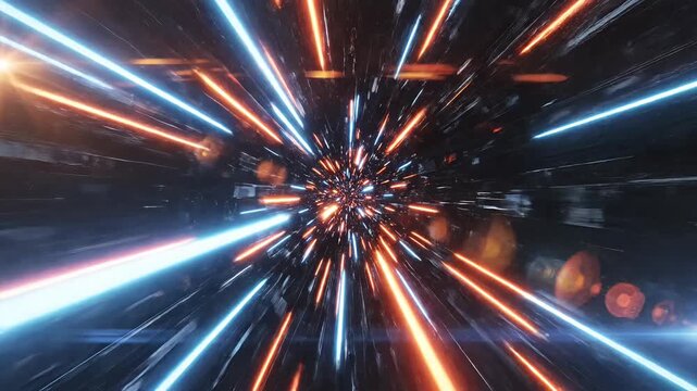 Futuristic light tunnel with orange and blue streaks.