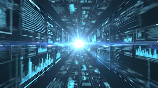 Futuristic digital tunnel with data screens.