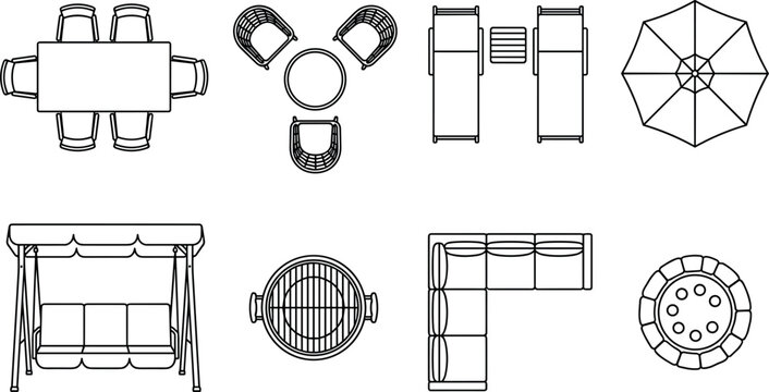 Minimalist outdoor patio furniture line icon set for backyard landscape plan top view vector