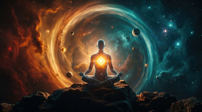 Meditating human silhouette in lotus pose within swirling cosmic nebula and planets. Spiritual mindfulness and internal energy visualization for yoga.