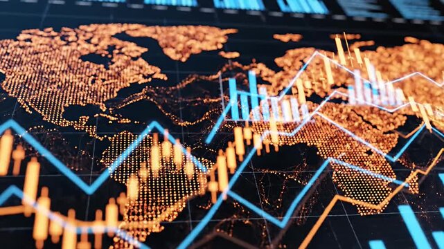 Global world map with glowing financial data charts.