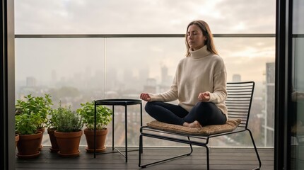 Fototapeta premium Young Woman Meditating in Lotus Position on Apartment Balcony with City View for Mental Health and Morning Wellness