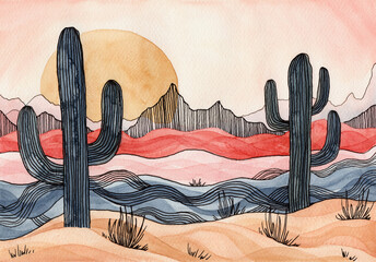 Abstract desert landscape background watercolor illustration. Hand drawn dune and cactus with orange texture and line. Modern design for wallpaper banner template. Natural travel scene for poster art. © NadyaSaen 