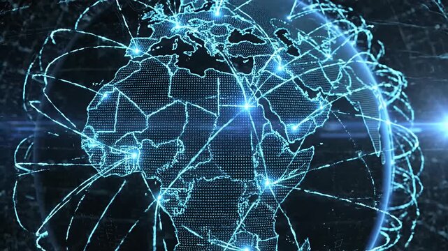 Glowing blue digital world map representing global network connection.