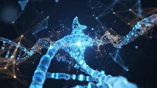 Glowing blue DNA molecule strand with particle effects.