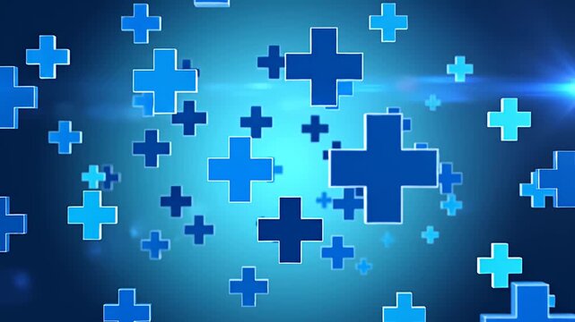 Glowing blue medical plus symbols on abstract background.