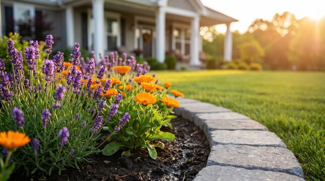 Purple lavender and orange marigold flowers in landscaped garden bed with stone border. Suburban house front yard at sunset for real estate curb appeal.