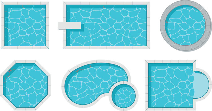 Swimming pool top view vector icon set with different shapes and blue water ripples
