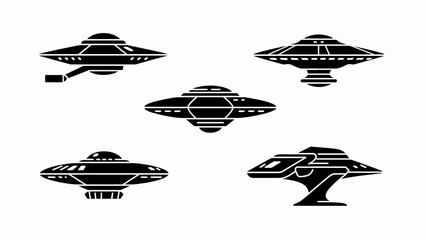 Collection of Flying Saucers UFOs Silhouettes on White Background © Wagiman Studio