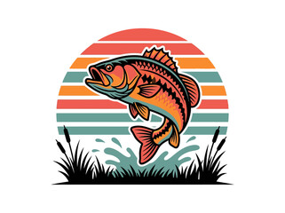 Retro Bass Fishing Logo Illustration with Sunset and Cattails Vector Art