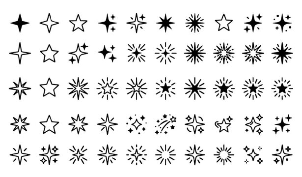 Spark and star icon collection with glitter flashes in editable vector style isolated on white background