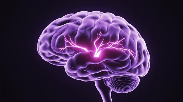 Glowing purple human brain illustration on dark background.
