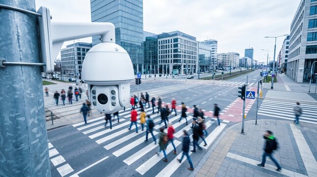 White dome surveillance camera monitoring blurred pedestrians at a busy city crosswalk for public safety and smart city security technology