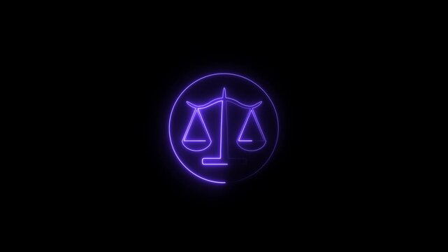 neon glowing justice icon animation on black background law legal balance and courtroom symbol 4k motion graphic