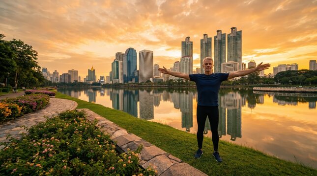 Senior Male Jogger Stretching with Arms Outspread in Urban Park at Sunset for Active Retirement and Wellness Advertising