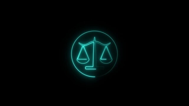 neon glowing justice icon animation on black background law legal balance and courtroom symbol 4k motion graphic