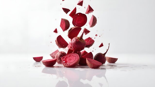 Fresh red beet slices floating in the air against a clean white background.