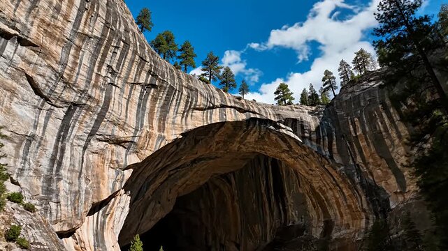 Grand natural stone arch bridge under blue sky.
