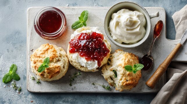 A delightful overhead shot presents fresh scones, clotted cream, and jam elegantly arranged on a rustic board, adorned with mint