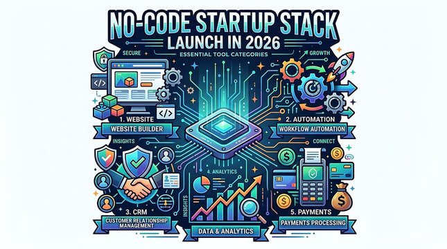 Nocode startup tools and essential technology stack infographic
