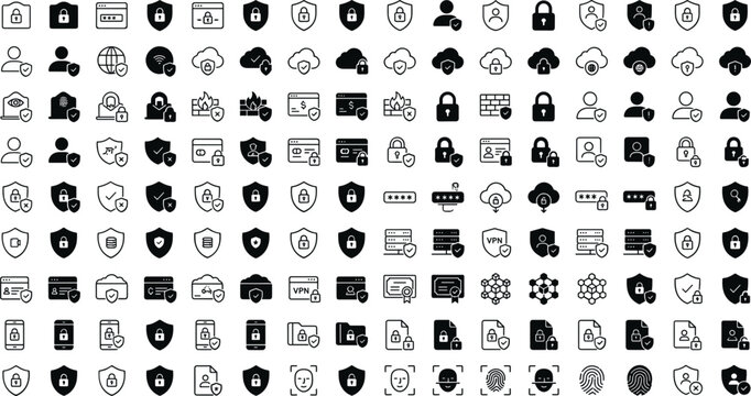 Mega cyber security icon bundle featuring thin outline and solid glyph symbols for network firewalls, data protection shields, privacy servers, and cloud account authentication systems