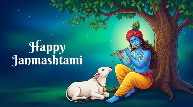 easy to edit vector illustration of Lord Krishna playing flute on Happy Janmashtami holiday Indian festival greeting background