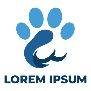 Blue paw print logo with tail and lorem ipsum text on white background icon