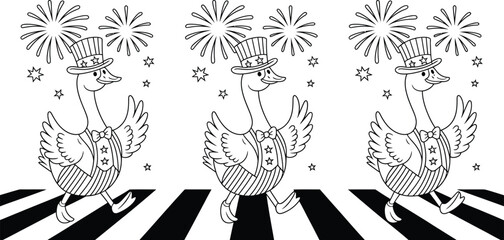 Funny goose characters, cartoon birds in hats, walking across zebra crossing, black and white vector illustration © yamin678