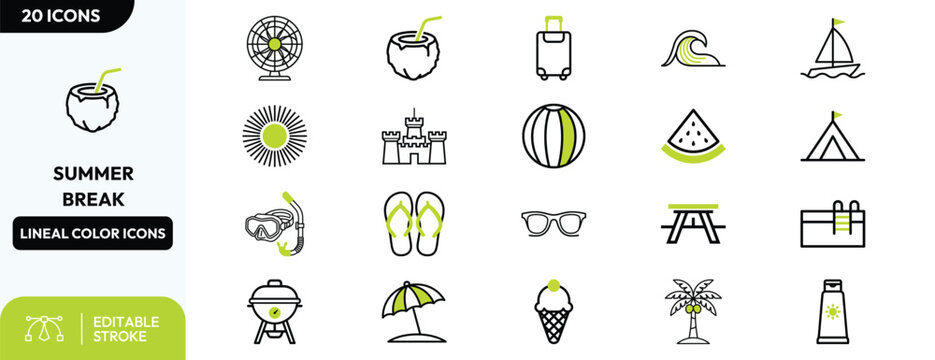 Sunshine Vacation Gear icon set. Containing fan, coconut, waves, sailboat, beach umbrella, flip-flops, picnic table, tent, snorkel, sunglasses, watermelon slice. Editable stroke. Vector illustration.
