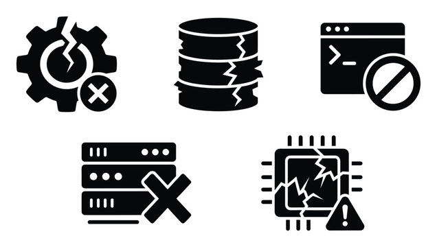 Set of system failure icons representing critical errors, data corruption, network issues, hardware malfunction, and software problems for IT support and status updates