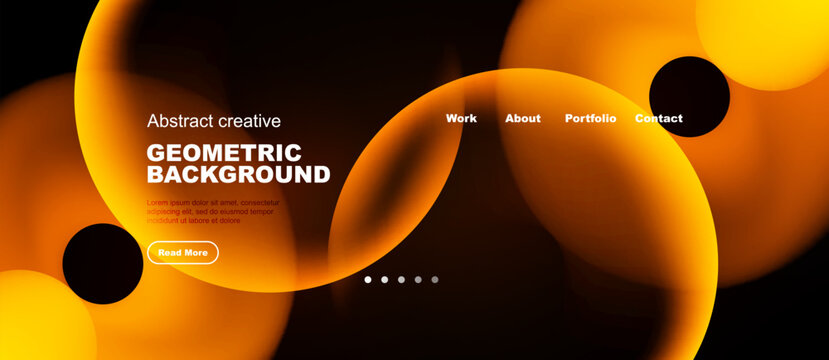 Abstract website design features vibrant orange curves, dark background. Text promotes geometric visuals, includes navigation options.