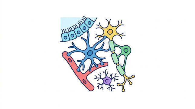Illustration of various types of neurons and glial cells.