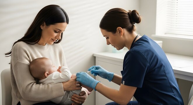 Female nurse administering vaccine injection to baby held by mother in clinic.