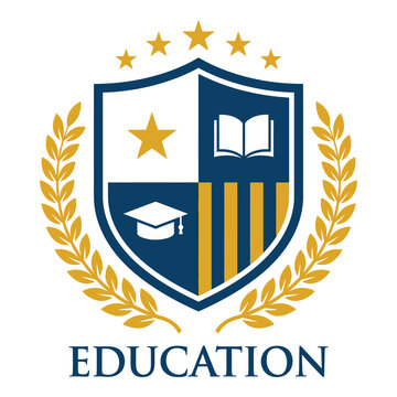 Education shield logo with laurel wreath and stars icon