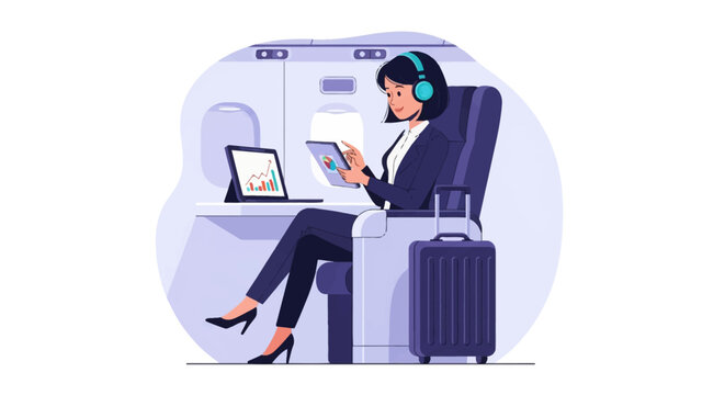 Vector illustration of a businesswoman in an airplane seat reviewing financial charts on a tablet and laptop while wearing headphones next to her luggage during a flight journey.