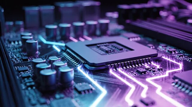 High-tech circuit board with glowing purple light paths.