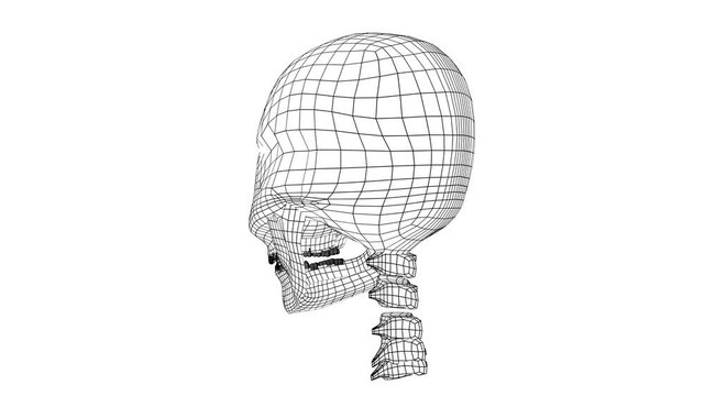 Futuristic digital wireframe skull on white background. Abstract cyberpunk model animation artificial intelligence nightmare. Futuristic medical tech concept.
